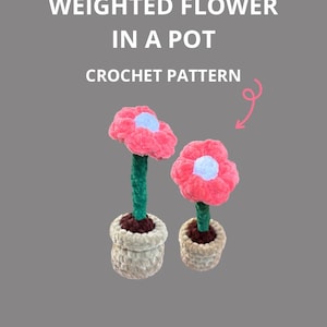 May include: Two mini crochet flowers in pots. The flowers have pink petals with a light blue center and green stems. The pots are beige. The text on the image says "MINI WEIGHTED FLOWER IN A POT CROCHET PATTERN".