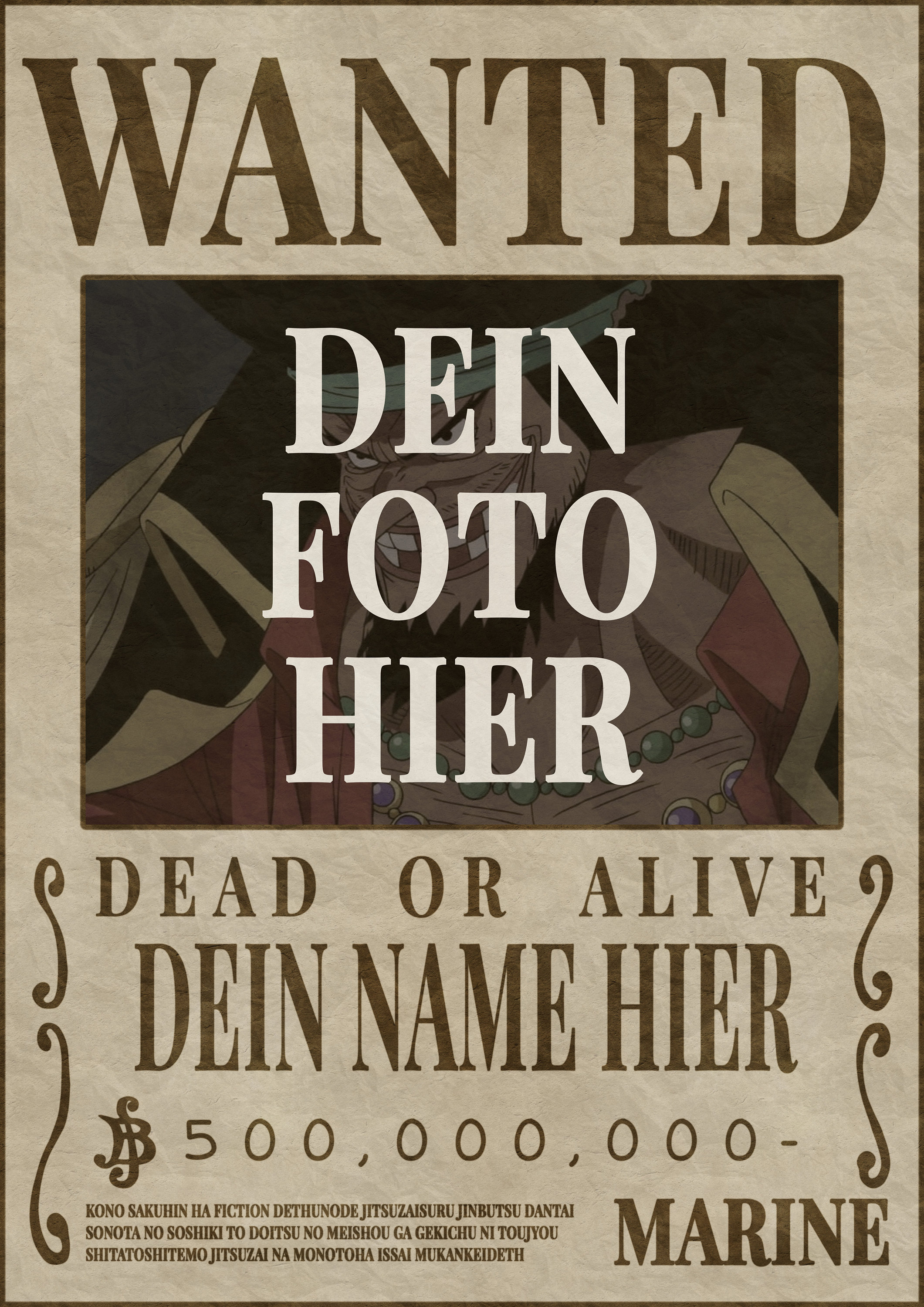 One Piece Anpassbares WANTED Kopfgeld Poster Drucken OP Poster Vorlage