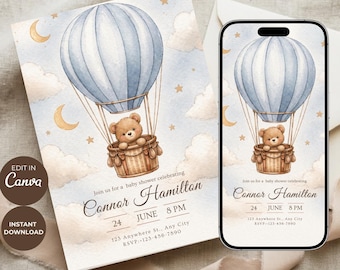 Hot Air Balloon Teddy Bear Baby Shower Invitation Boy, Canva Invite Templates, Digital Invite
