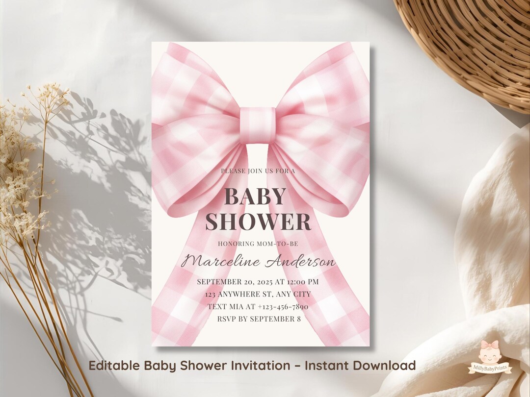 Editable Pink Gingham Bow Baby Shower Invitation Girl – Canva Template ...