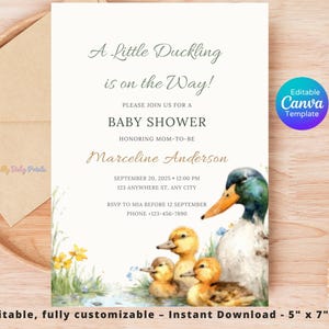 Mallard Duck Baby Shower Invitation :Watercolor Theme, Editable Canva Template( Digital Download)