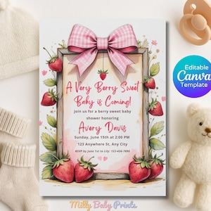 Berry Baby Shower Invitation,Strawberry Baby Shower Invitations,Berry Sweet Baby Shower,Girl Baby Shower Invites Bow,Editable Canva Template