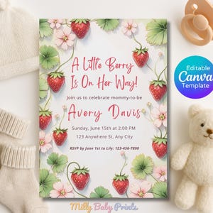 Berry Baby Shower Invitation, Strawberry Baby Shower Invitations, Berry Baby Shower, Girl Baby Shower Invites, Editable Canva Template