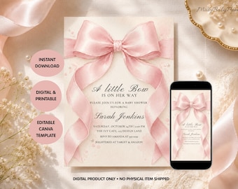 Pink Bow Baby Shower Invitation Template, Editable Baby Shower Invite, Instant Download, Printable Girl Baby Shower, Canva Template