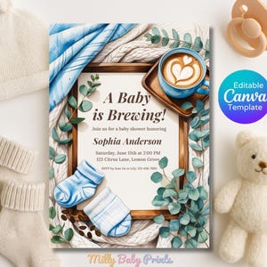 Invitación para baby shower &quot;Un bebé está en ciernes&quot;, invitaciones para baby shower de café, invitación para baby shower de niño, fiesta temática de café, plantilla editable de Canva