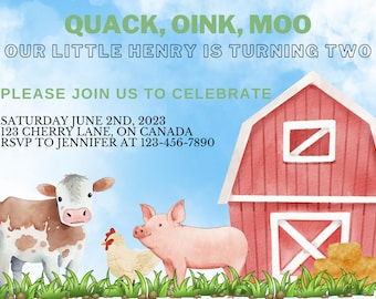 Farm animal themed birthday party invitation, kid's birthday party, birthday party invitation, themed birthday party