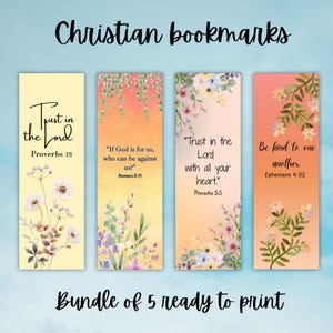 Puede incluir: Un conjunto de cinco marcapáginas cristianos con diseños florales y citas inspiradoras. Cada marcapáginas presenta un esquema de color diferente y versículos bíblicos, incluyendo Proverbios 3:5 y Efesios 4:32. También se ve el texto "Christian bookmarks" y "Bundle of 5 ready to print".