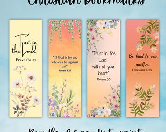 May include: A set of five Christian bookmarks with floral designs and inspirational quotes. Each bookmark features a different color scheme and Bible verse, including Proverbs 3:5 and Ephesians 4:32. The text "Christian bookmarks" and "Bundle of 5 ready to print" are also visible.