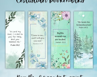 May include: A bundle of eight ready-to-print Christian bookmarks. Each bookmark features a different design with inspirational quotes from the Bible, floral accents, and a soft color palette of green, blue, and white. The text "Christian bookmarks" is at the top.