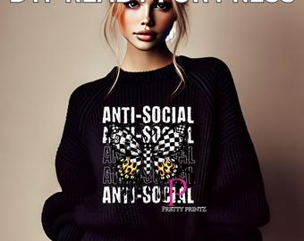 Ready to Press Anti-Social DTF, Checkered Transfers, Apparel Image, Custom Shirt, Retro butterfly transfer, Heat press, DTF printer