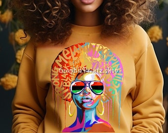 Könnte beinhalten: Senfgelbes Sweatshirt mit einer farbenfrohen Grafik einer Frau mit Sonnenbrille und goldenen Creolen. Die Grafik enthält die Wörter "Strong, Black, Melanin, Beauty, Poppin" und den Text "GraphixPrintz.shop".