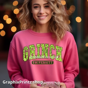 Ready to Press faux Sequins Grinch University DTF, Green Sequence Transfer, Popular Direct to Film, Winter Apparel DTF, Xmas dtf
