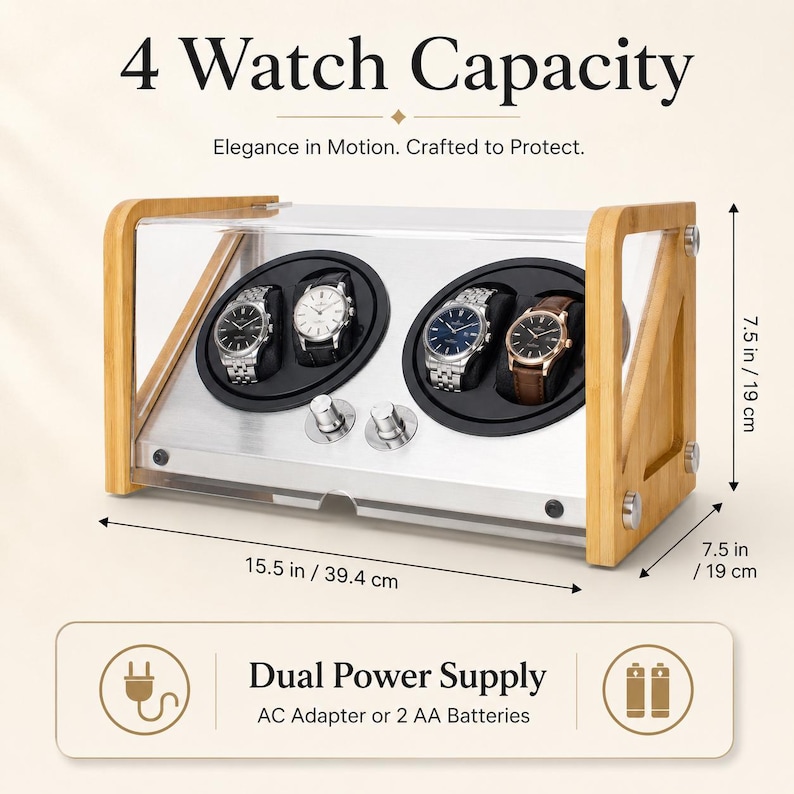 Watch Winder Box for Automatic Watches: 4-Watch Capacity, Bamboo | Luxury Watch Display Case | Tourbillon Winders image 6