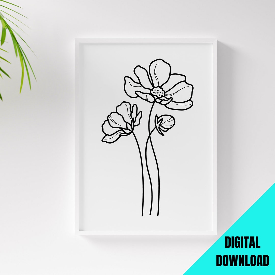 Floral Line Art Print: Minimalist Flower Wall Decor (digital Download ...