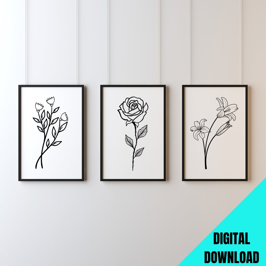 Floral Line Art Print Set: Botanical Wall Decor (digital Download ...
