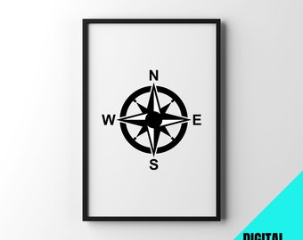 Compass Rose Print: Minimalist North South East West Art (Digital Download)