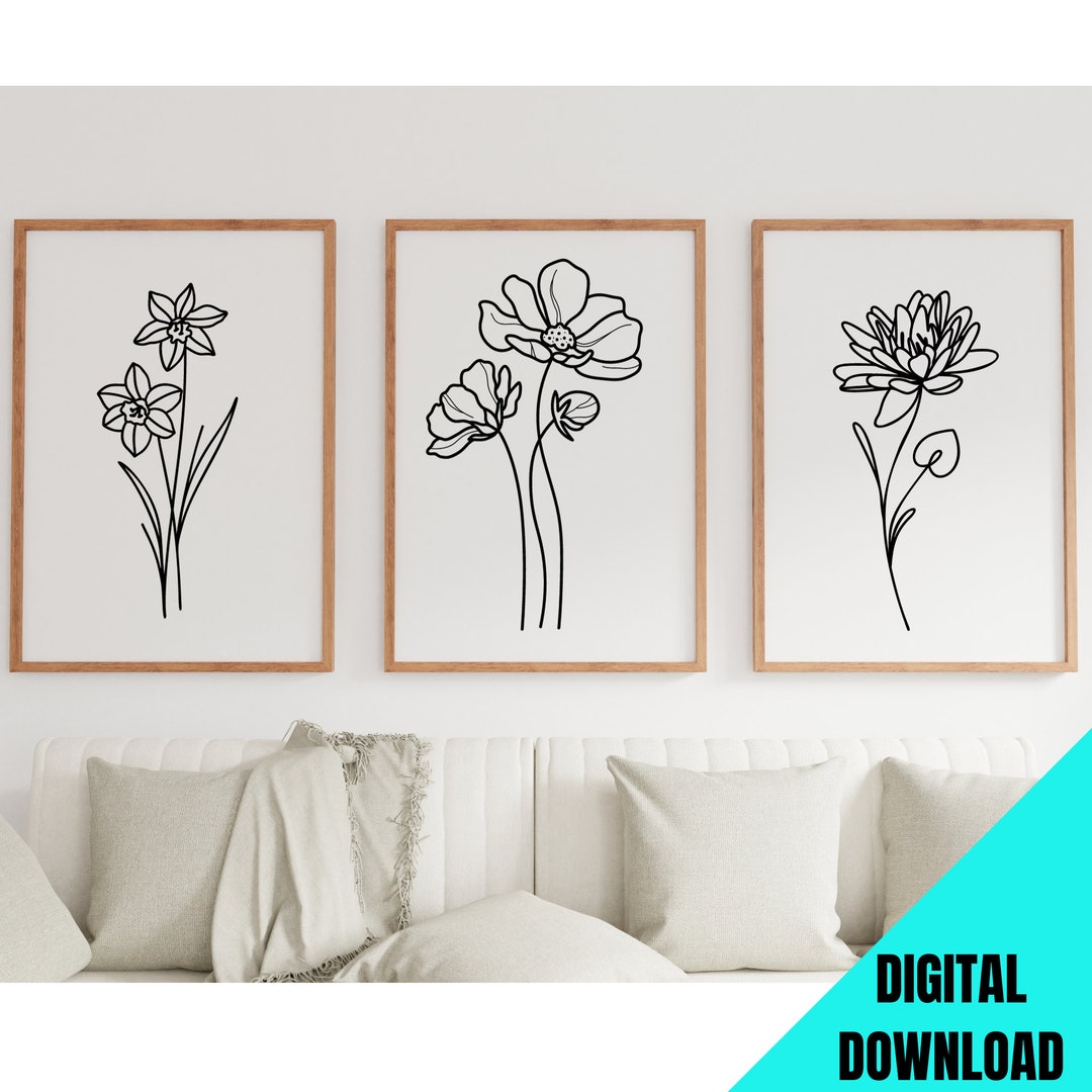 Floral Line Art Print Set: Minimalist Flower Wall Decor (digital ...