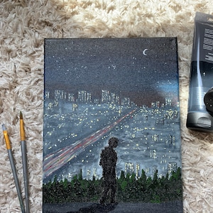 Hand painted original, cityscape with character, 9x12 acrylic on canvas
