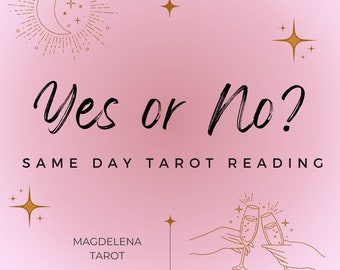 May include: A pink digital graphic featuring the text Yes or No? SAME DAY TAROT READING and MAGDELENA TAROT. The design includes gold line art of a crescent moon, stars, and two hands holding champagne flutes, set against a soft pink gradient.