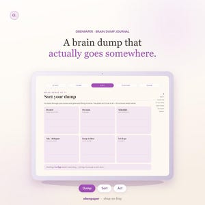 May include: A digital brain dump journal interface by Obenpaper with the text A brain dump that actually goes somewhere. The screen displays a sorting layout with categories like Do now, Do soon, Schedule, Ask/delegate, Keep as idea, and Let it go.