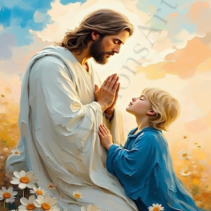 Jesus and Little Boy Praying, Modern Christian Art, Jesus Christ and Boy, Jesus with Child, Jesus Portrait Art, LDS Art, Bible Painted Gift