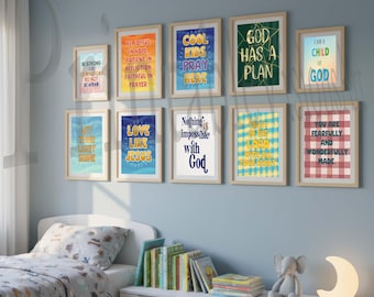 Cuadros de pared "Hijo de Dios" con lindas citas bíblicas para niños. Arte mural cristiano con afirmaciones y versículos bíblicos motivacionales para la habitación infantil.