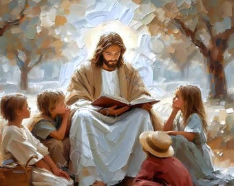 May include: A painting of Jesus reading a book to four children. The children are sitting on the ground in front of Jesus, who is sitting on a rock. The scene is set in a forest, with trees and leaves in the background. The painting is done in a realistic style, with soft colors and brushstrokes.