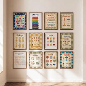 Set med 12 posters för småbarnsinlärning - utskrivbara Montessori-hemundervisning, förskola, klassrum, färgglada ABC-siffror, färger, dagar, månader, väder