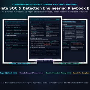 Può includere: Un pacchetto digitale intitolato Complete SOC & Detection Engineering Playbook Bundle contenente tre documenti: KQL Cheat Sheet, Incident Triage Playbook e Detection Tuning Playbook. Le pagine dal tema scuro contengono testo tecnico, riferimenti sul campo e modelli di incidente per i centri operativi di sicurezza.