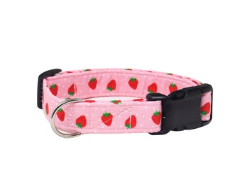 Strawberry Dog Collar | Pink Fruit Print | Adjustable Cotton Puppy Collar