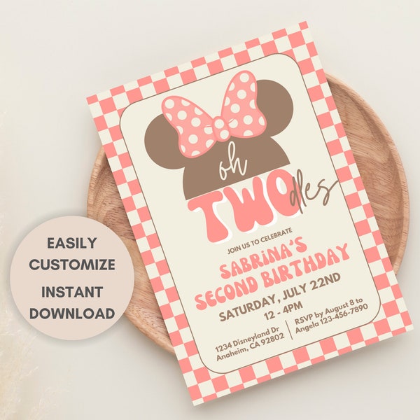 Oh, TWOdles! 2nd Birthday Invitation - Customizable Second Birthday Pink Checkered Minnie Party Theme, Digital Invite, Printable