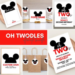 Pode incluir: Decorações de festa imprimíveis para uma festa de segundo aniversário com tema Mickey Mouse. O conjunto inclui uma placa de boas-vindas, um cartão de agradecimento, uma placa de comida, toppers para cupcakes, sacolas de presente e um convite para a festa. O design apresenta uma cabeça de Mickey Mouse em preto e branco com detalhes vermelhos e o texto "Oh Two-dles".