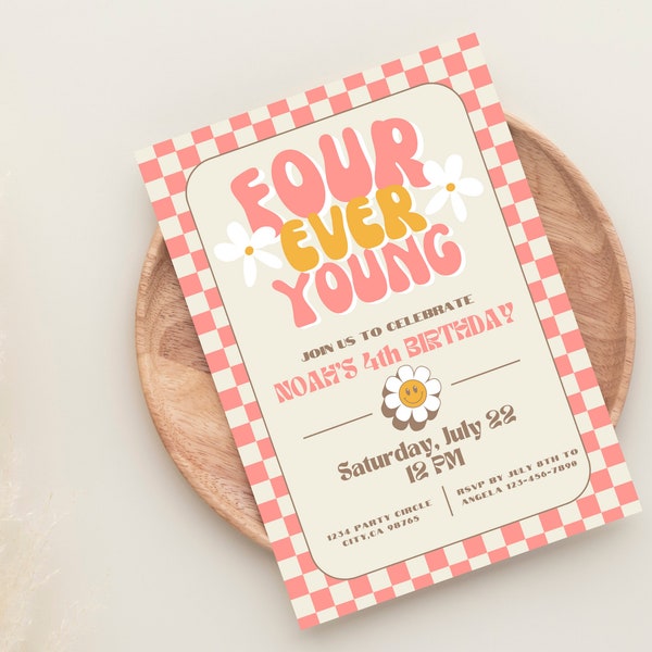 Four Ever Young - Editable Fourth Birthday Invitation Template for Girl, Flower, Groovy, Canva Template