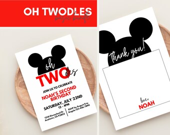 Oh TWOdles 2nd Birthday Customizable Invitation + Thank You Note Bundle - Modern Simple Aesthetic Mickey Theme, Digital Printable Invite