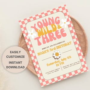 Young, Wild and Three - Retro Third Birthday for Girl Editable Invitation - Checkered Flowers - 3 Year Old Party - 3rd Birthday