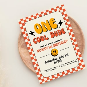One Cool Dude - First Birthday Invitation for Boy, Smiley, Lightning Bolt, Editable Template