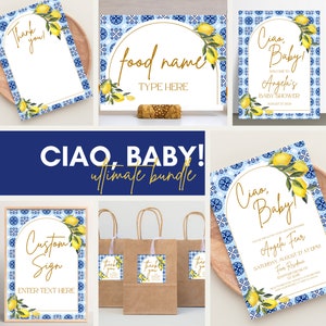 ¡Ciao Baby! Lote perfecto para baby shower de verano: invitación personalizable de descarga instantánea, tarjeta de agradecimiento, cartel de bienvenida y mucho más.
