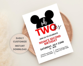 Oh Twodles 2nd Birthday Invitation Printable, Editable Canva Template, Mouse Ears Second Birthday, Instant Download