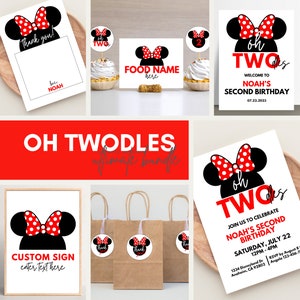 Może przedstawiać: Zestaw materiałów na przyjęcie z motywem Minnie Mouse. Zawiera zaproszenia, kartki z podziękowaniami, etykiety na jedzenie i zawieszki na prezenty. Projekty zawierają czerwoną i białą kokardę w kropki, czarne uszy myszy i tekst "Oh Twodles".