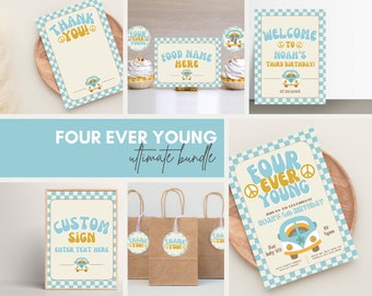 Four Ever Young-verjaardagsbundel: aanpasbaar, uitnodiging direct downloaden, bedankkaart, welkomstbord, cupcaketoppers en meer!