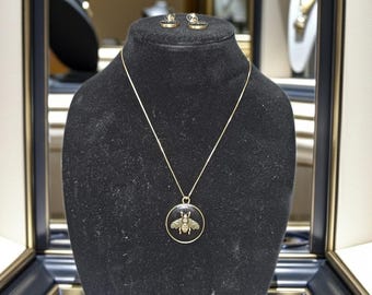 Handmade Upcycled Gucci Bee Necklace and Earrings (Black)