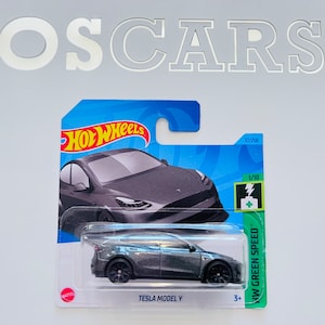 Voiture moulée sous pression grise HotWheels Tesla modèle Y. Carte courte.