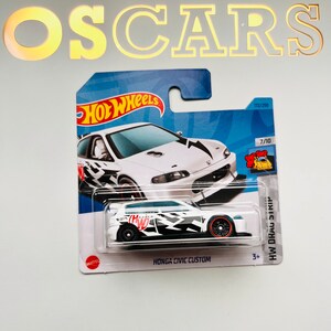 Voiture moulée sous pression blanche HotWheels Honda Civic Custom. Carte courte.