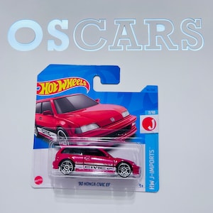 Voiture moulée sous pression rouge HotWheels '90 Honda Civic EF. Carte courte.