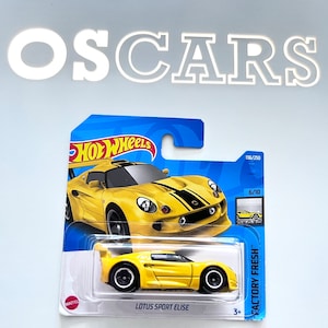 Voiture moulée sous pression jaune HotWheels Lotus Sport Elise. Carte courte.