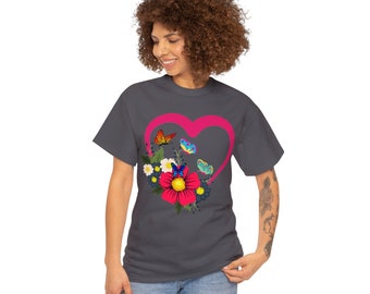 Herz T-Shirt, T-Shirt Herz und Blumen, FloralT-Shirt, ValentinstagT-Shirt, T-Shirt Schmetterlinge, Geschenk-T-Shirts Unisex aus schwerer Baumwolle