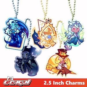 May include: Five colorful acrylic charms, each 2.5 inches in size, featuring cartoon characters. The charms are attached to silver ball chains. The characters have various designs, including a knight, a wizard, and a character with a sun-like design. The bottom of the image has the text "2.5 Inch Charms".