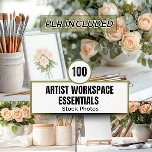 Artist Flat Lay & Workspace Stock Images, Stock Photo PLR Digital Download Bundle, Small Business Content Creator