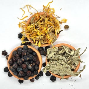 May include: Three small, terracotta bowls filled with dried botanicals. One bowl holds dried yellow flower petals, another contains dark blue berries, and the third has dried green leaves. The bowls are arranged on a white surface.
