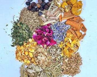 Op de afbeelding: Een bovenaanzicht toont een assortiment gedroogde kruiden en botanische producten. De opstelling omvat donkere bessen, kamillebloemen, rozenblaadjes, lavendel en kaneelbast. Andere kruiden zijn groen, geel en bruin, wat een kleurrijke en getextureerde weergave creëert.